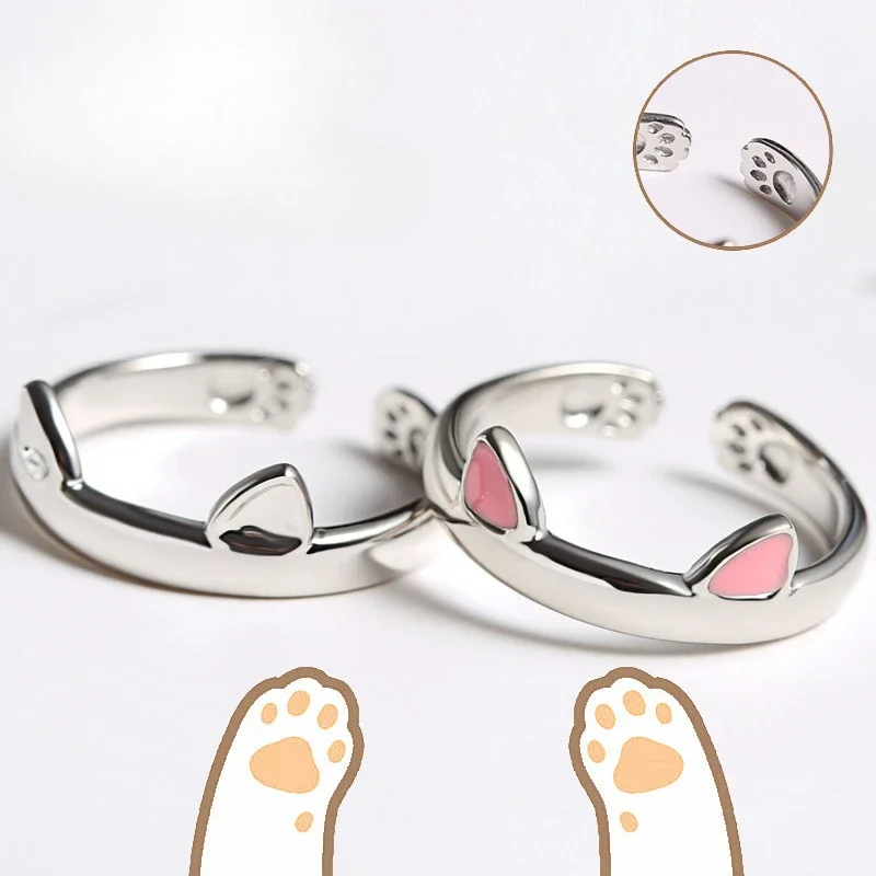 Adjustable Ring Gift Silver Pink Cat Earrings Open Design Fashion Jewelry Ring Women Girls Children Gift Cute