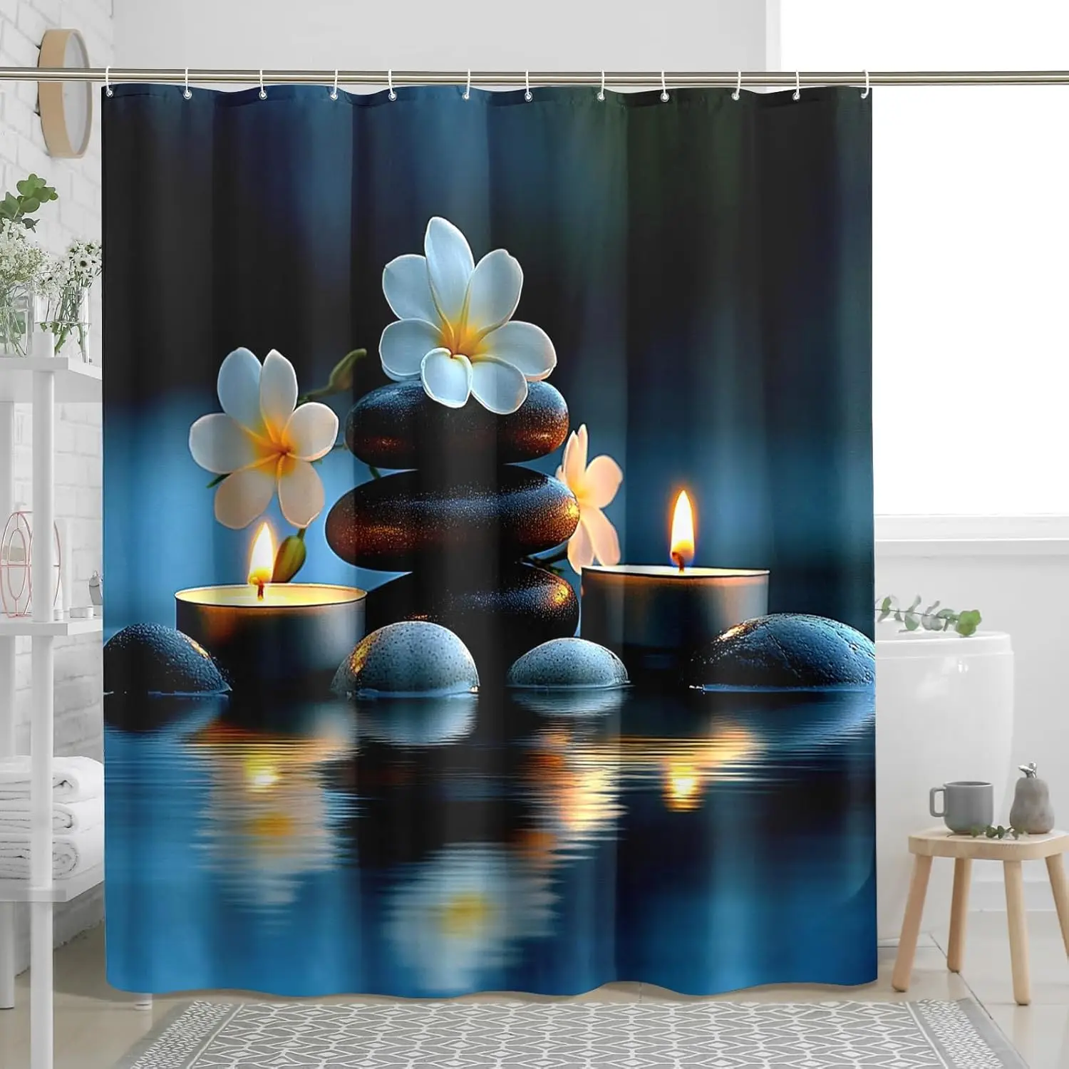 

Zen Shower Curtain, Relaxing Blue Plumeria Blossom Candle Shower Curtain for Spa Bathroom Decor, Anytime Calming Tranquil Nature