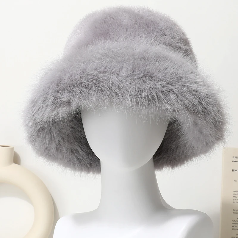 Große Faux Pelz Eimer Hut für Frauen Dicke Plüsch Warme Schöne Flauschigen Winter Hut Dame Luxus Mode Pelzigen Panama Fischer Kappe – Detail 15