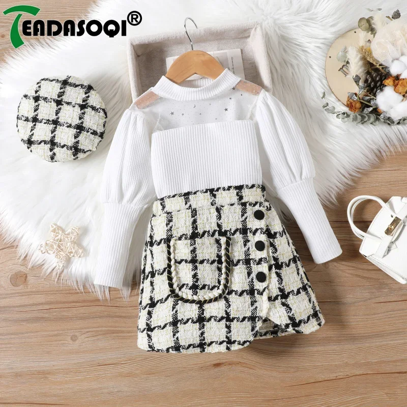 Kids Girls Clothing Set Mesh Splice Puffed Sleeves Top+Irregular Short Skirt+Hat 3Pcs Suit Children Baby Girl Clothes 2-8Y