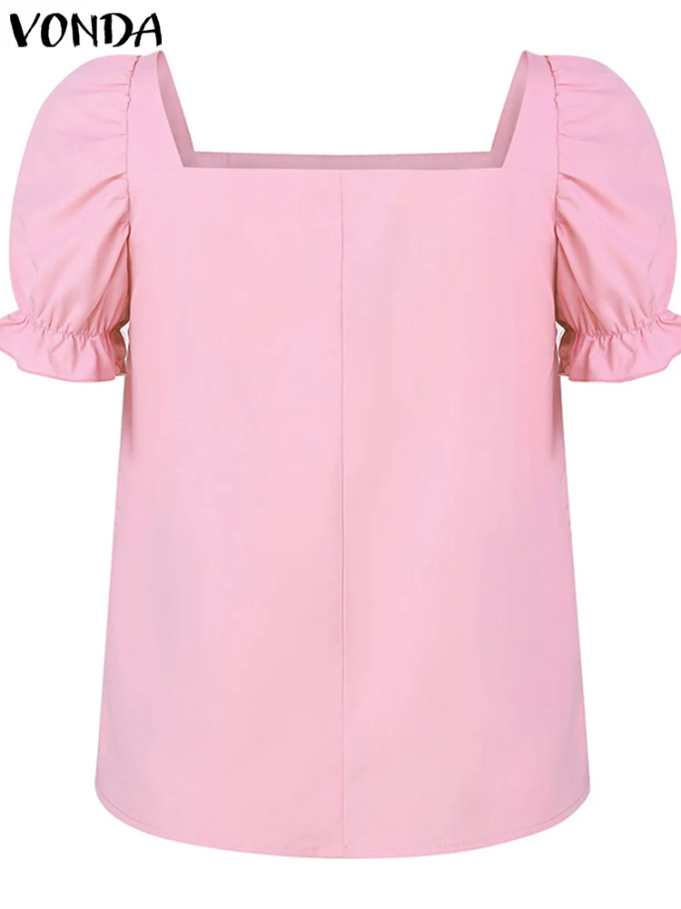 VONDA-Blusa holgada informal para verano, camisa de manga corta con volantes, cuello cuadrado, Color liso, 2024