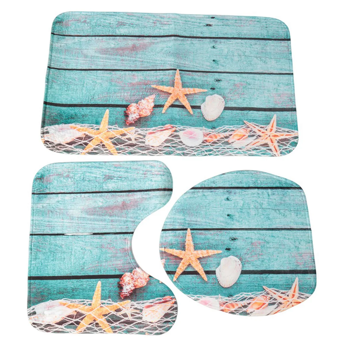 Beach Seashells Starfish Sand Bath Mat Holidays Summer Bathroom Carpet Rug Non-Slip 3 Piece Toilet Mat Set Starfish Floor