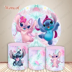 Stitch And Angel Round Backdrop Disney Lilo & Stitch Backdrop Baby Birthday Round Cylinder Cover Decorations Photography Prop