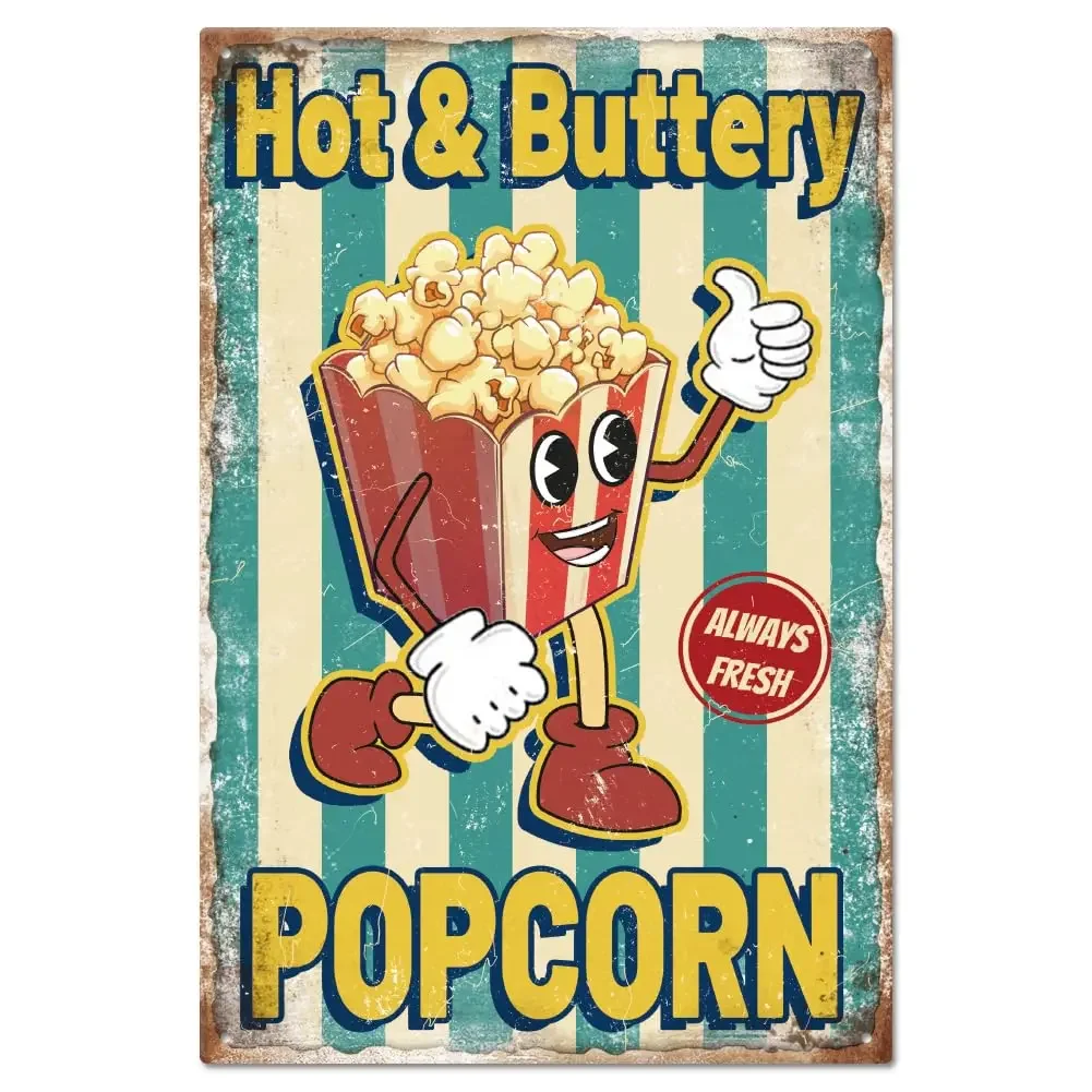 Vintage Popcorn Cartoon Character Metal Tin Sign 8×12inch Retro Delicious Funny Room Door Cave Signs Art Plaque Poster Wall Dec