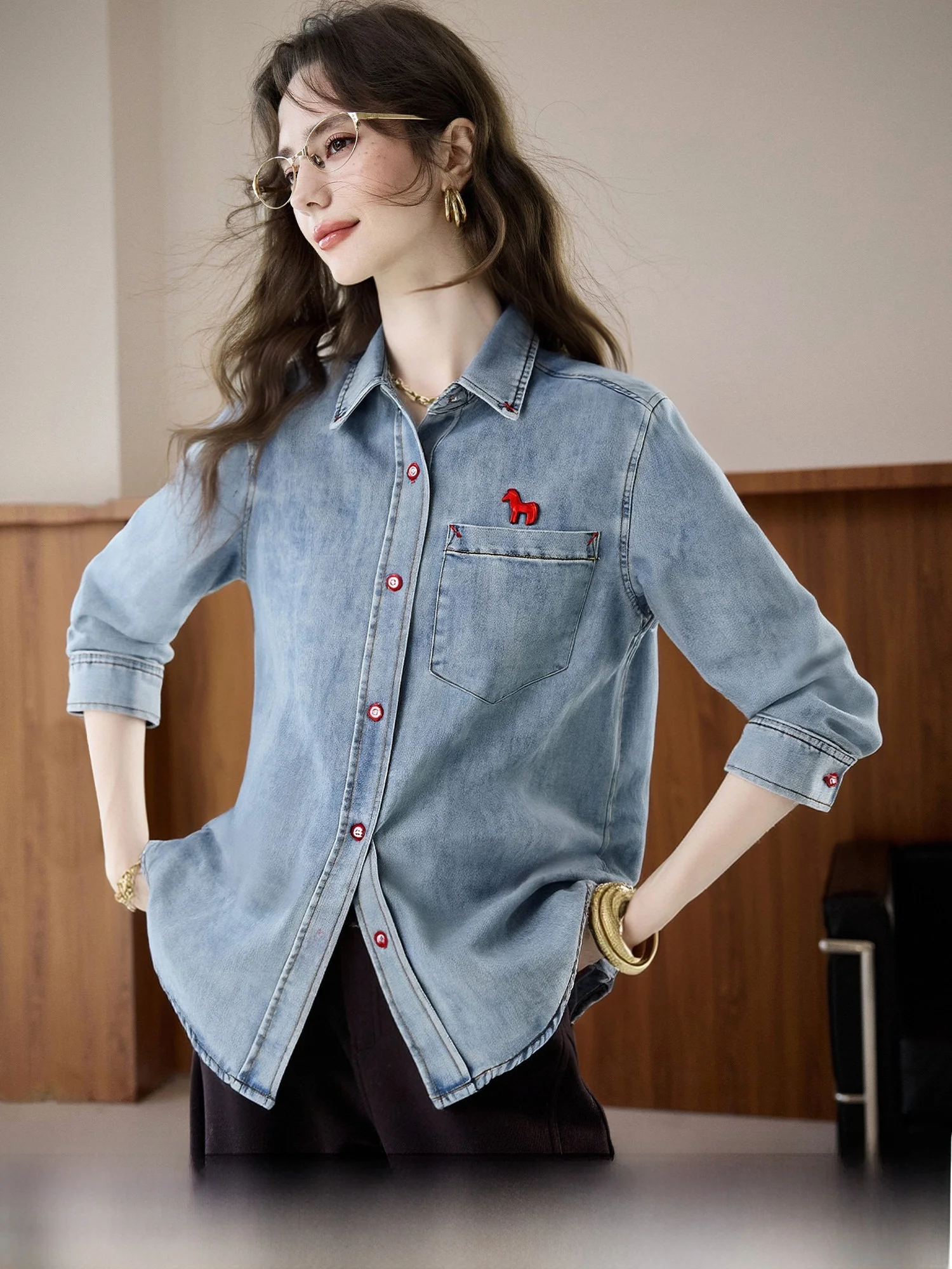 

Classic American Sle Long Sve Denim irt Women's Spring Cotton irt Resilient Long Velvet Cotton Classic American irt