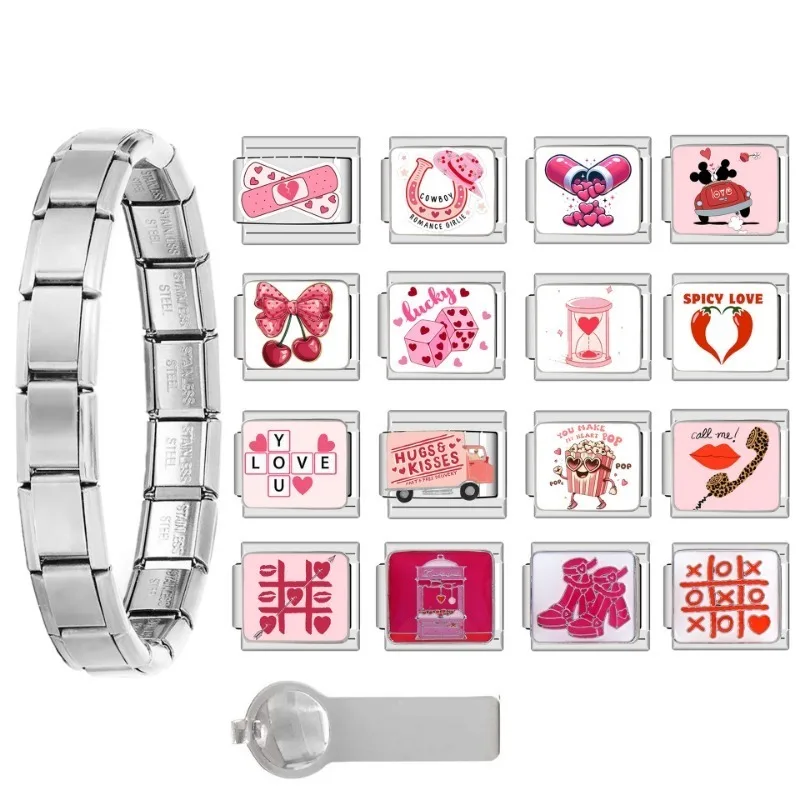 Valentine's Day DIY Stainless Steel Modular Square Elastic Splicing Smooth Pink Colorful Charm Bracelet Chain Accessories
