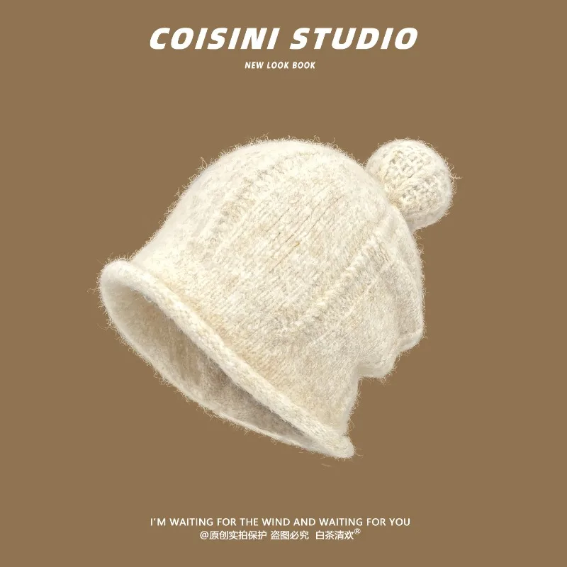 Koreanische einfache Strickmütze mit gekräuseltem Rand und niedlichem Pompon-Design für Damen, Winter, großer Kopfumfang, Ohrenschutz, warme Beanie-Mütze, Bonnet. – Detail 1