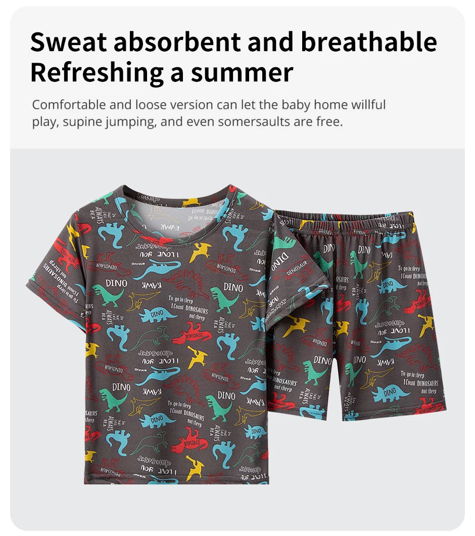 2-teilige Sommer-Kinder-Spaß-bedruckte Shorts mit kurzen Ärmeln, Anzug für Jungen, buntes Dinosaurier-Top, Mädchen, süß und schön, elastische Taille, kurz – Detail 6