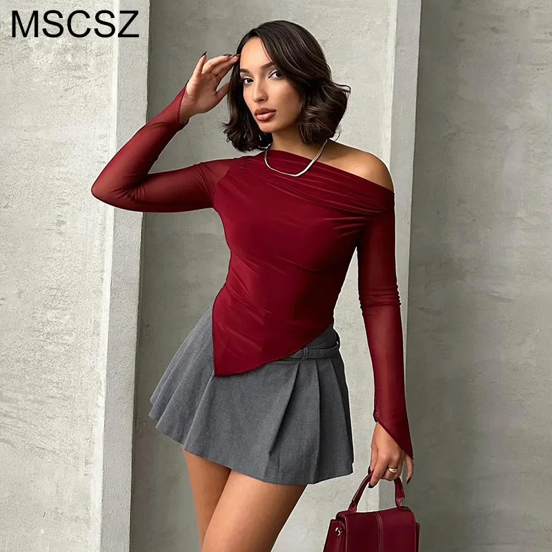 

MSCSZ Burgundy Mesh Long Sleeve T-shirt For Women Off Shoulder Asymmetrical Crop Top Spring Summer Fitted Tee Shirt Black