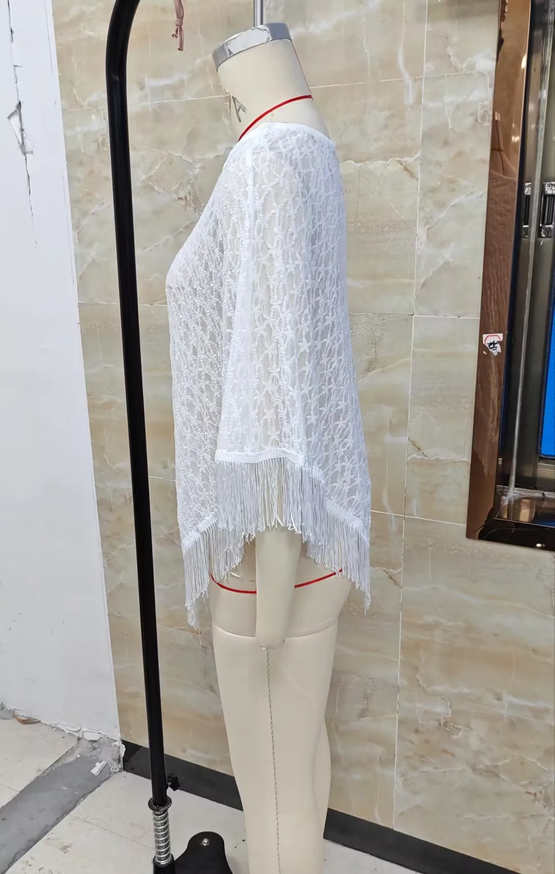 

Women Sheer Mesh Poncho Top with Fringe Trim and Adjustable Drawstring Hem Lightweight Lace Shawl Wrap for Parties