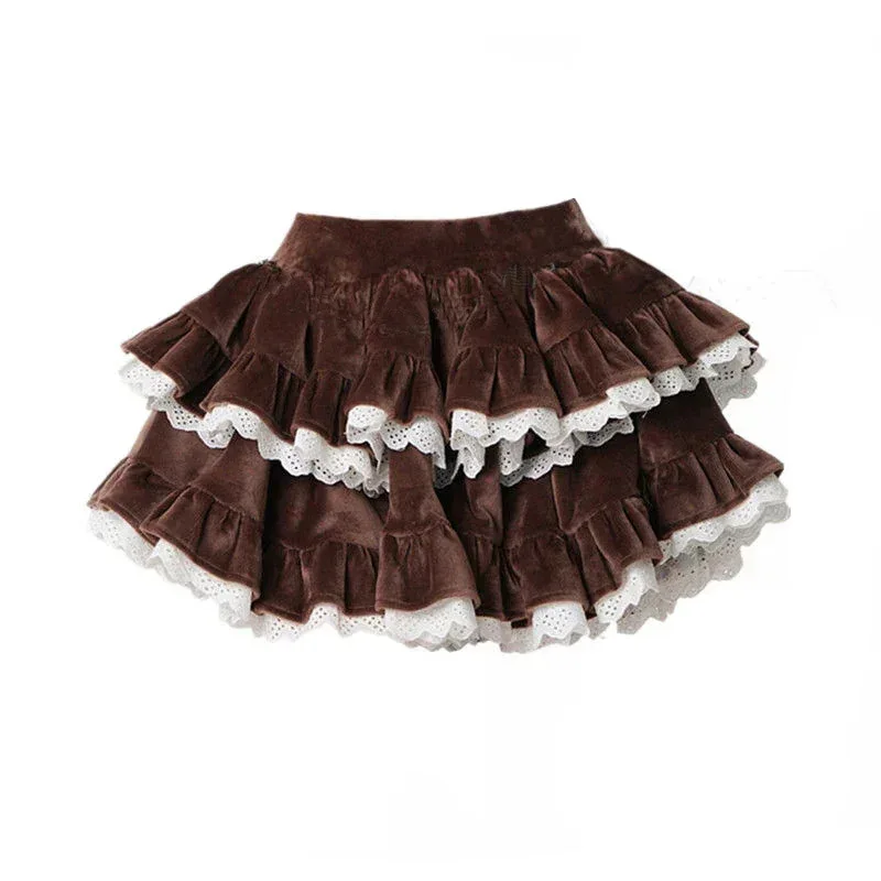 Imagem -02 - Saia de Veludo A-line de Cintura Alta Feminina Lolita Mini Ruffles Marrom Preto Kawaii Patchwork Vintage Japonês Y2k Outono Inverno