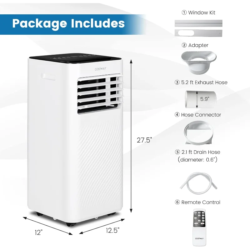 مكيف هواء محمول من COSTWAY، وحدة تيار متردد 10000 وحدة حرارية بريطانية مع مروحة باردة ومزيل رطوبة ووضع للنوم للغرف حتى 350 قدم مربع
