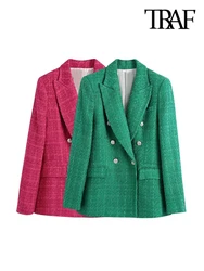 TRAF Women Fashion Double Breasted Tweed Green Blazer Coat Vintage Long Sleeve Flap Pockets Female Outerwear Chic Veste