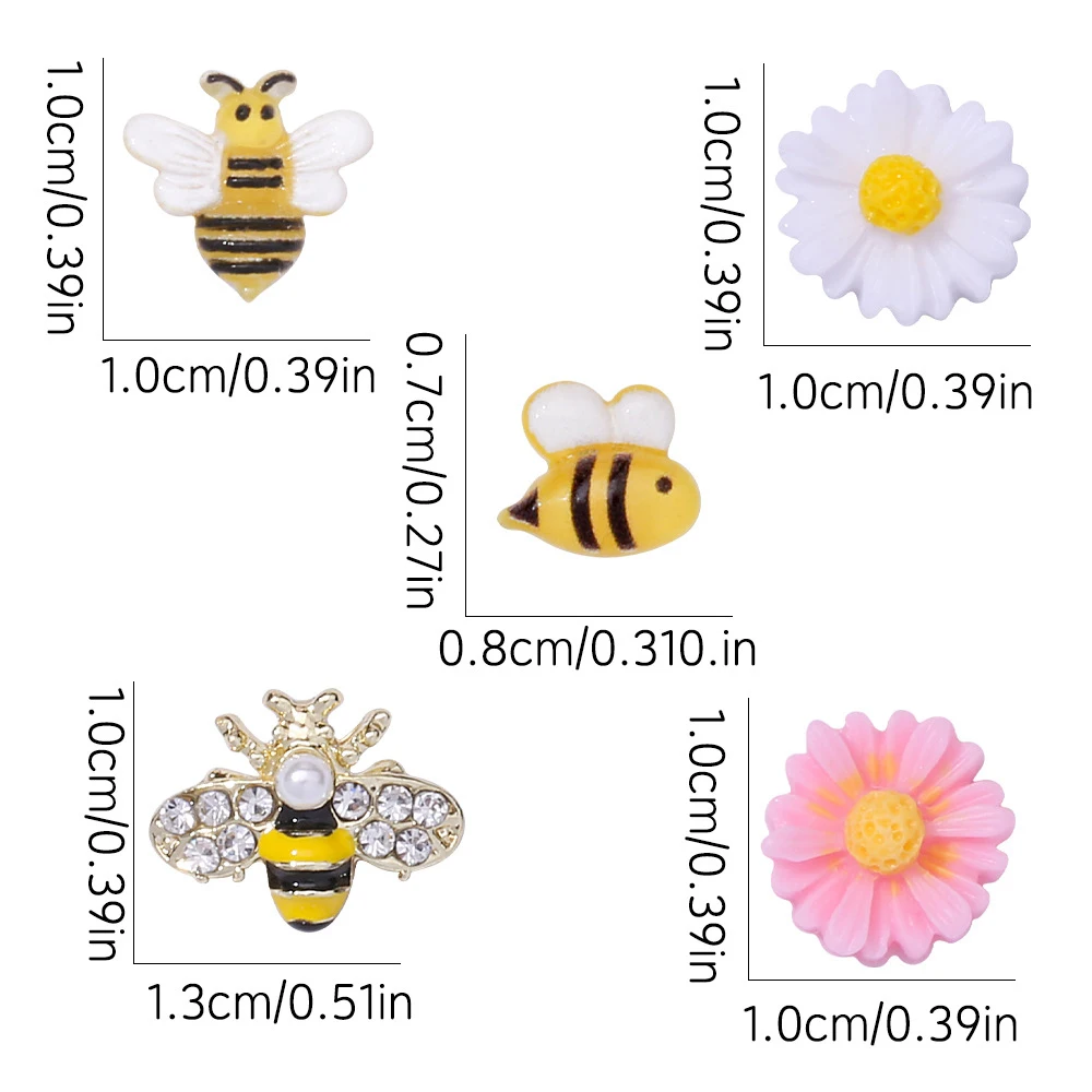 50個ミックス小さな蜂ネイルアートチャーム樹脂漫画デイジーフラワーネイルジェム3Dゴールド合金蜂デイジーひまわりラインストーンDIY