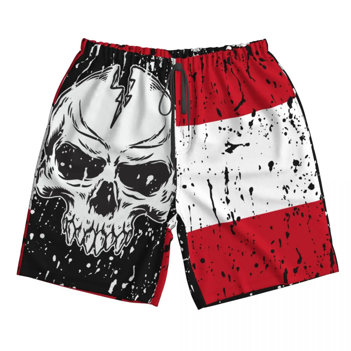 Austria Flag Vintage Skull Men's Novelty Swimtrunks Quick Dry 3D Printed Mesh Lining Beach Board Shorts with Pockets