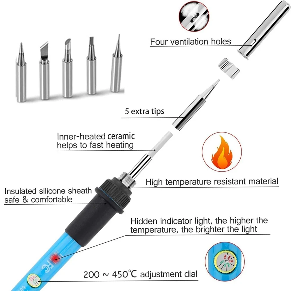 10-IN-1 Soldering Iron 60W Adjustable Temperature Replaceable Soldering Iron Tip Set Digital Display Thermostat Repair Tool