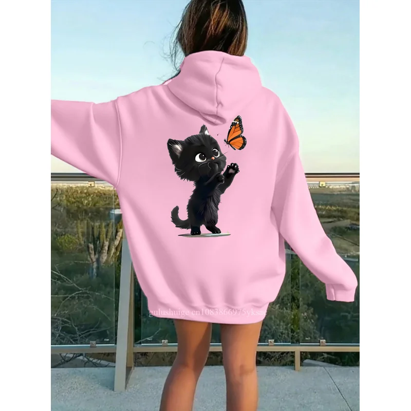 2026 Funny Oversized Streetwear Hoodie Halloween Gifts Cute Black Cat Chasing Butterfly Pattern Autumn Winter Fall Clothes