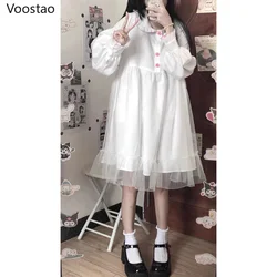 White Kawaii Lolita Dress Women Long Sleeve Chiffon Patchwork Midi Dresses Japanese Sweet Girls Robe Preppy Style Party Outfit