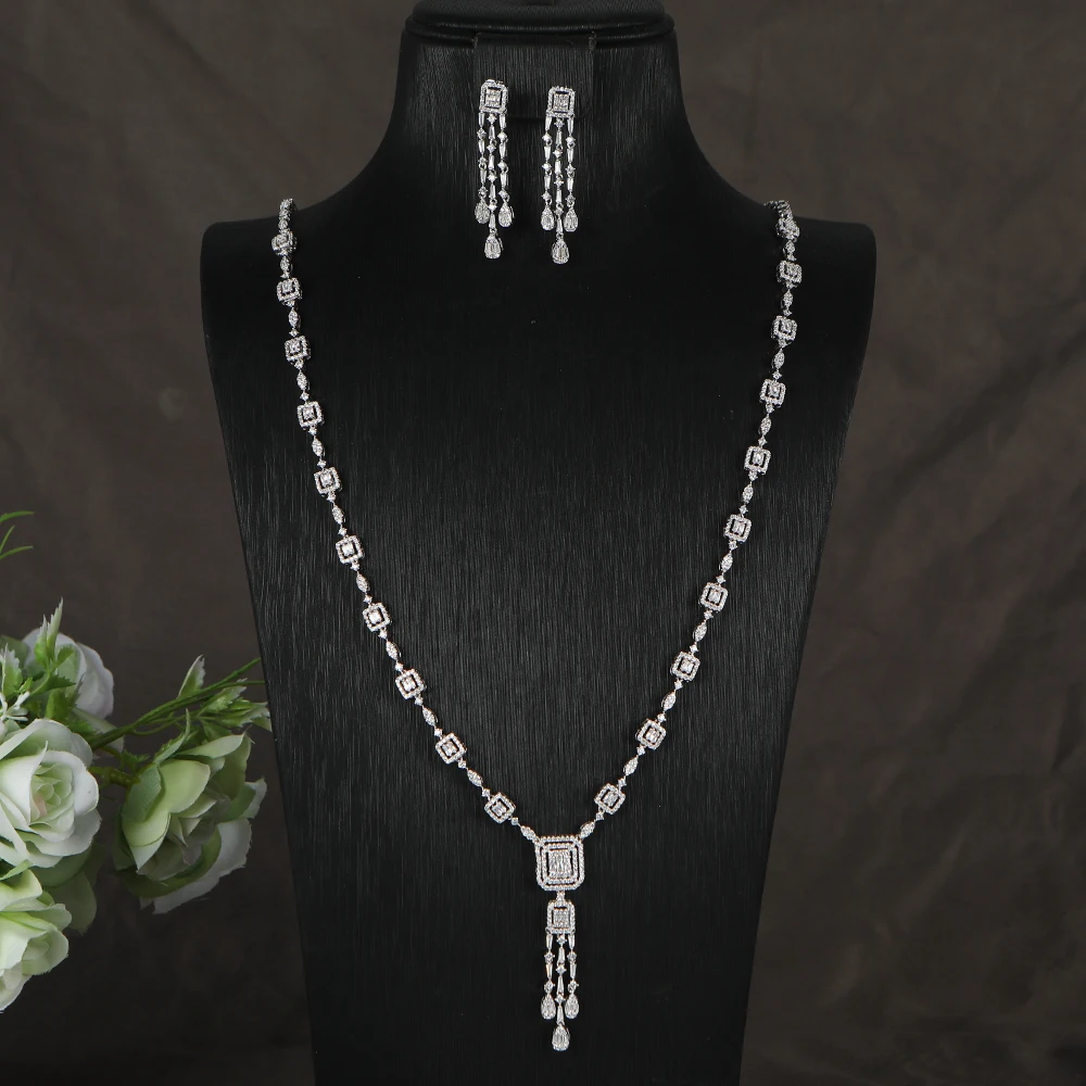 

Luxury Hollow Out Square Tassel Cubic Zircon Engagement Dubai Naija Bridal Double Layers Necklace Earring Jewelry Set S519