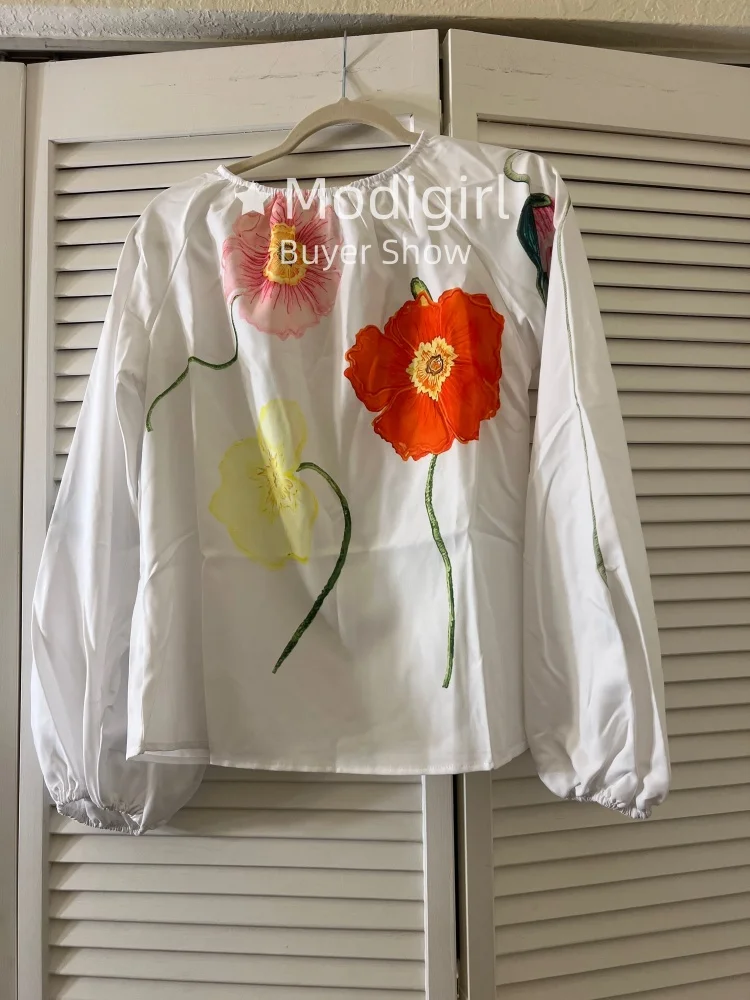 Modigirl Womens elegent Blouses shirts 2024 autumn spring Women clothing Long Sleeves Loose Pleated Flower Print Tops Ladies