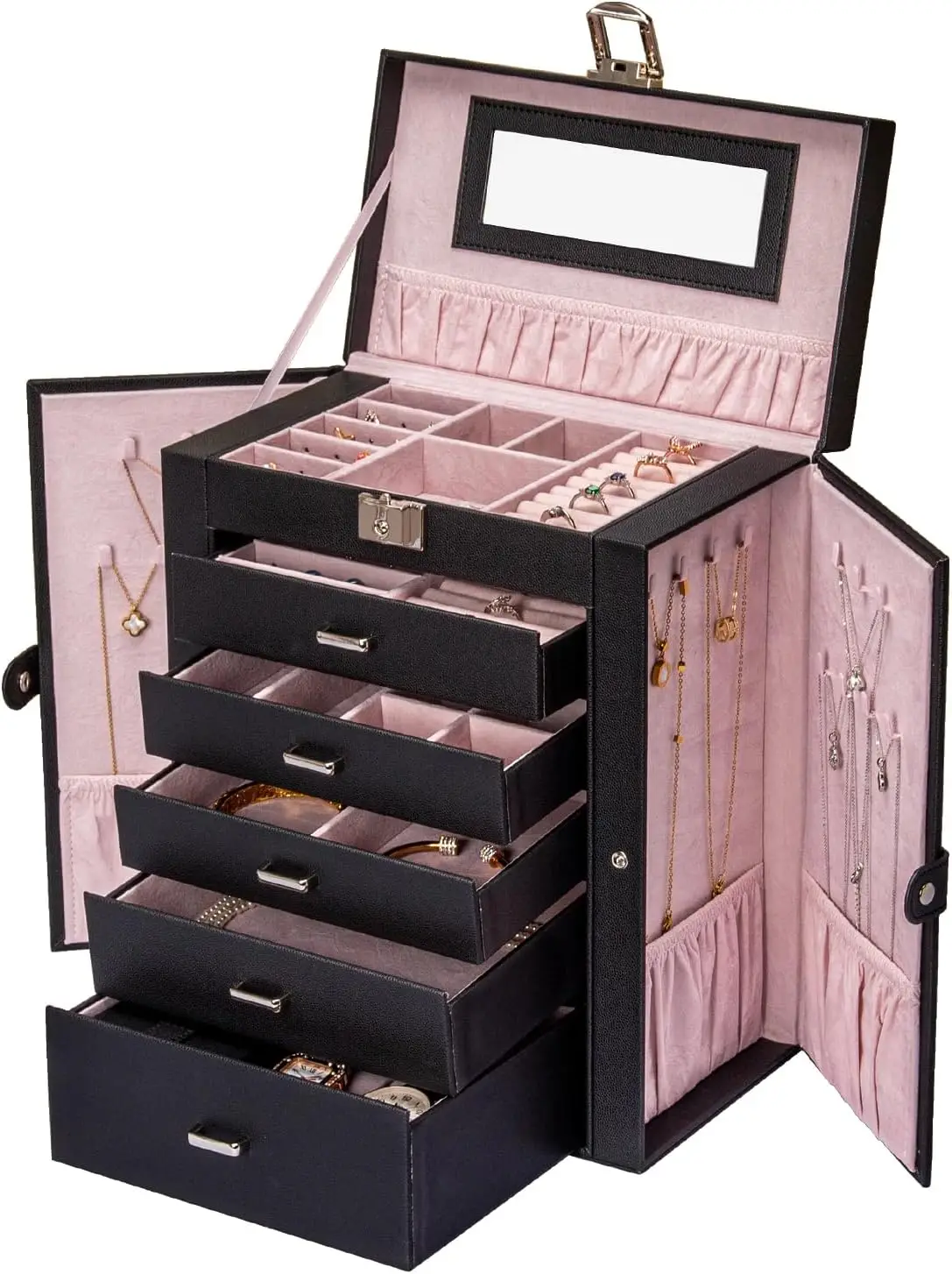6-Tier Jewelry Organizer with Mirror, Lockable Drawers, Large Storage for Rings, Earrings, Necklaces - Perfect Gift