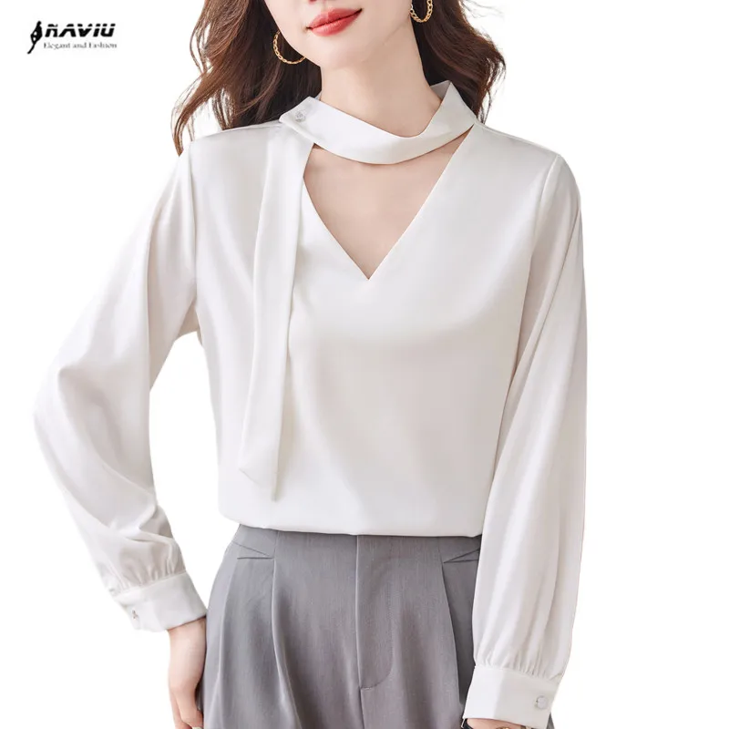 

NAVIU Satin Shirts Vintage White Pink Tops New Autumn Temperament Bow V Neck Blouses Elegant Office Ladies Work Blusas