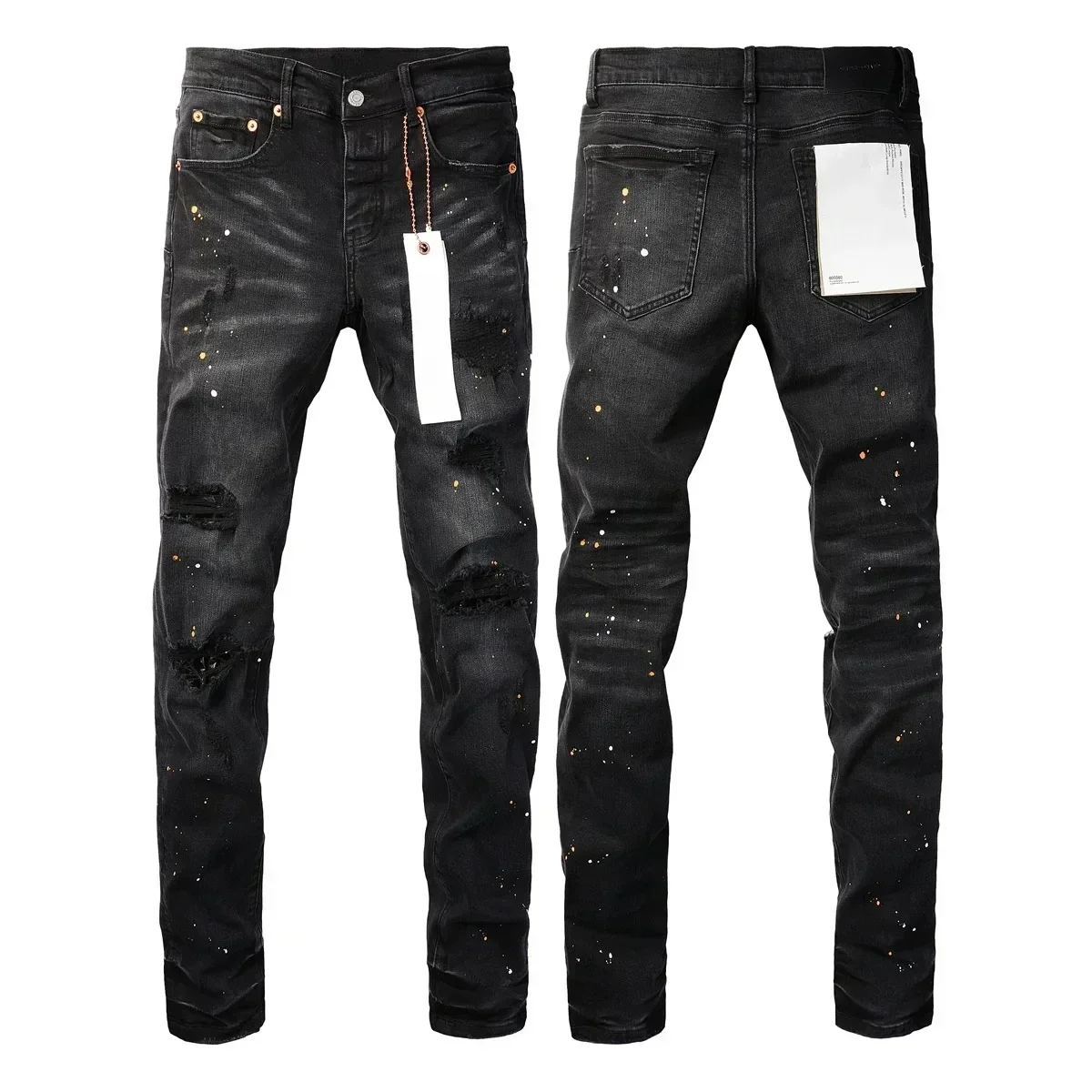 New Fashion High quality Purples Jeans Men High Street Black Paint Dot Knife Cut Hole Repair Low Rise Skinny Denim brand Pants