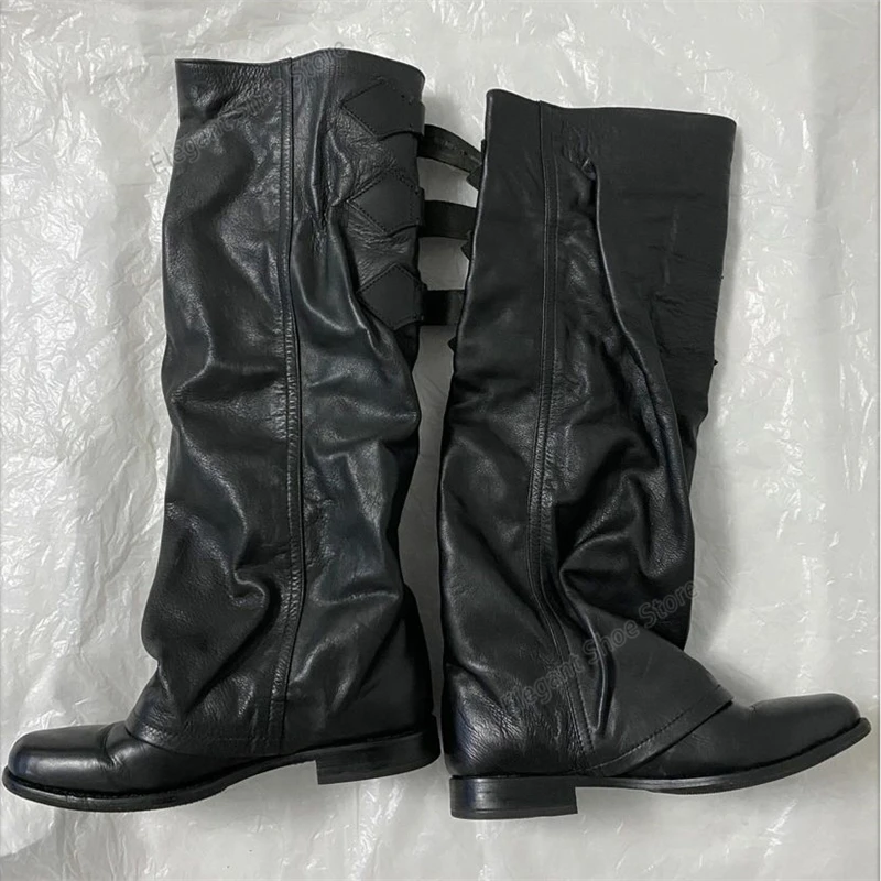 Retro Pleated Soft Leather Women Boots Pointed Toe Belt Buckle Knee-High Boots Black Brown Thick Heel High Quality Knight Boots