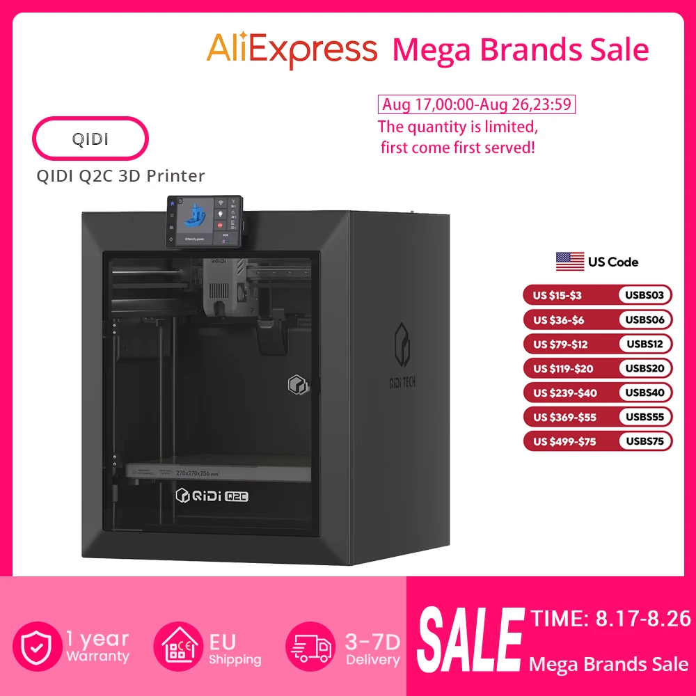 QIDI Q2C 3D Printer 350W Zero-Offset Precision Leveling, 270×270×256mm Build Volume, 3-in-1 Air Filtration, QIDI Box Compatible (Multi-Color, Multi-Material), 4.3 Inch 480×272 Touch Screen, 600 MM/s Max Speed, 32G EMMC + USB2.0 Flash Drive, Bimetal Nozzle
