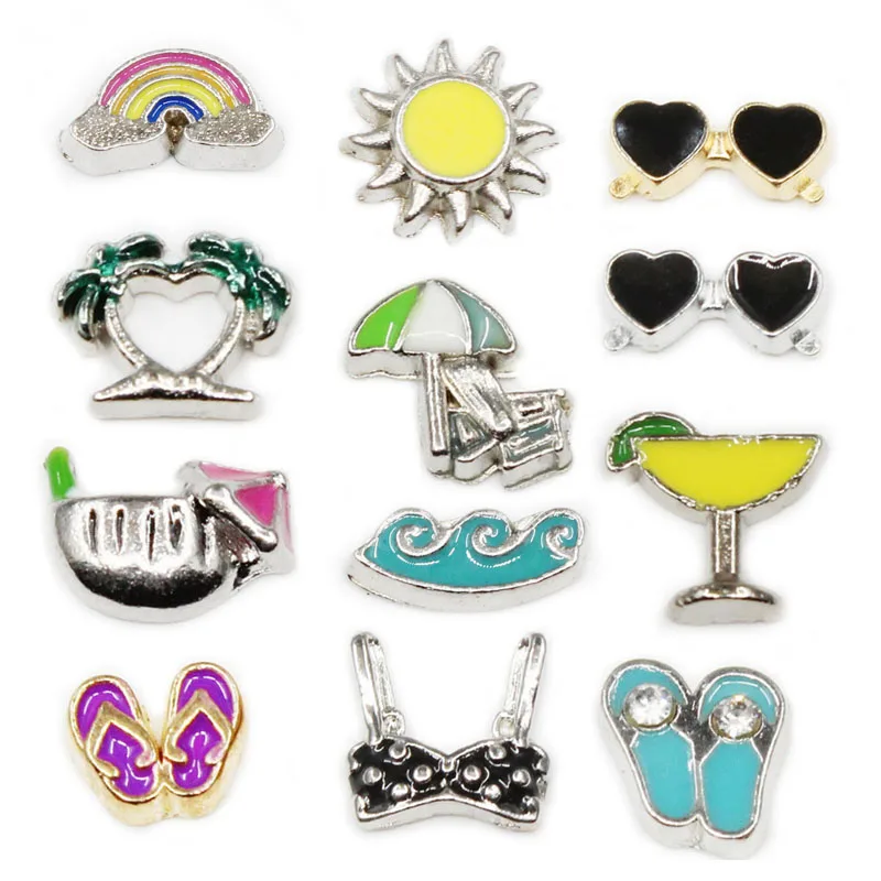 Enamels Sunshine Beach Sea Drink And Cocktail 10pcs/Lot Floating Charms Living Glass Memory Lockets DIY Jewelry Accessory