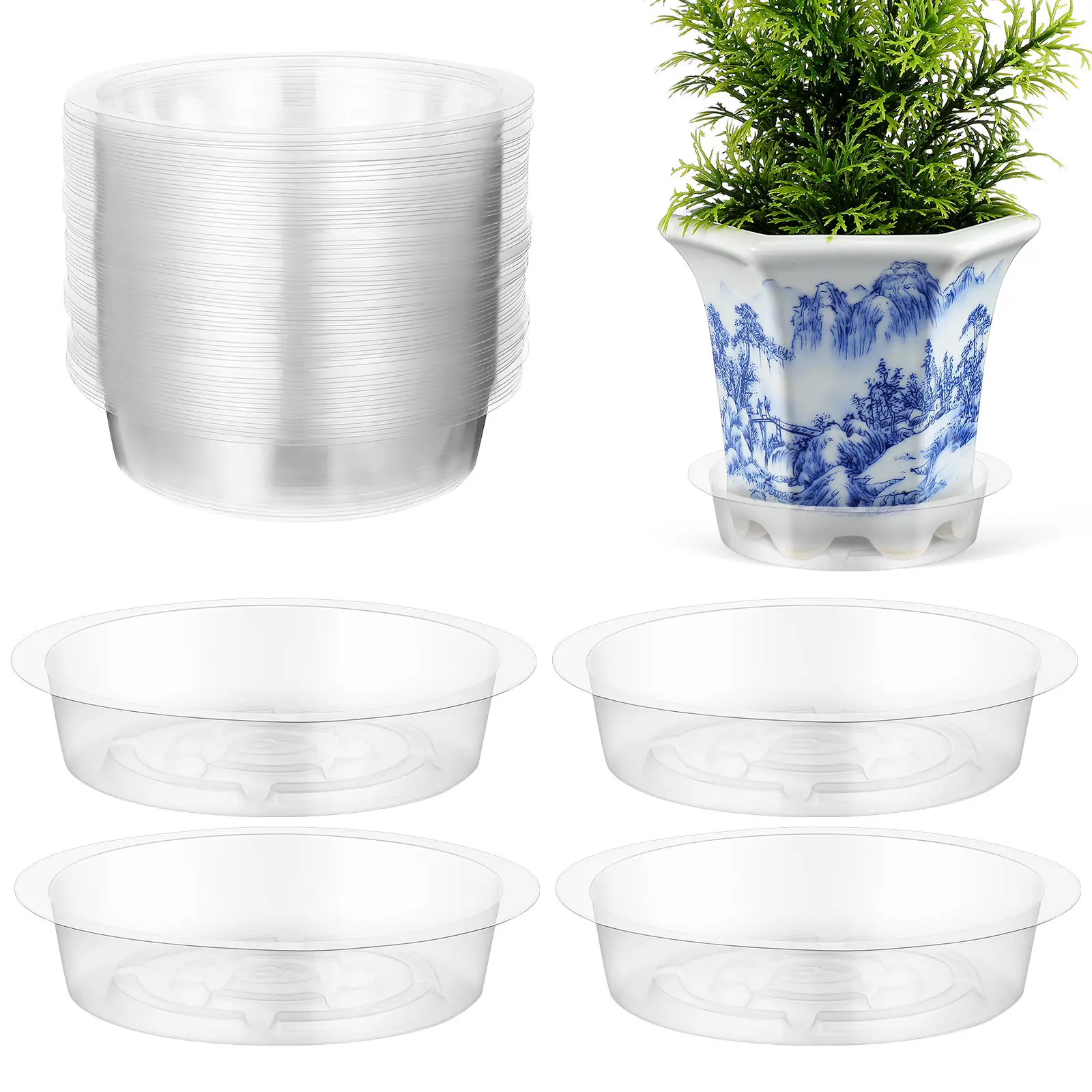 60 bandejas de plástico para macetas, bandejas redondas de 6 pulgadas para macetas, base transparente de plástico para plantas de 16 cm, bandejas reutilizables para recoger goteos para el hogar y el jardín.