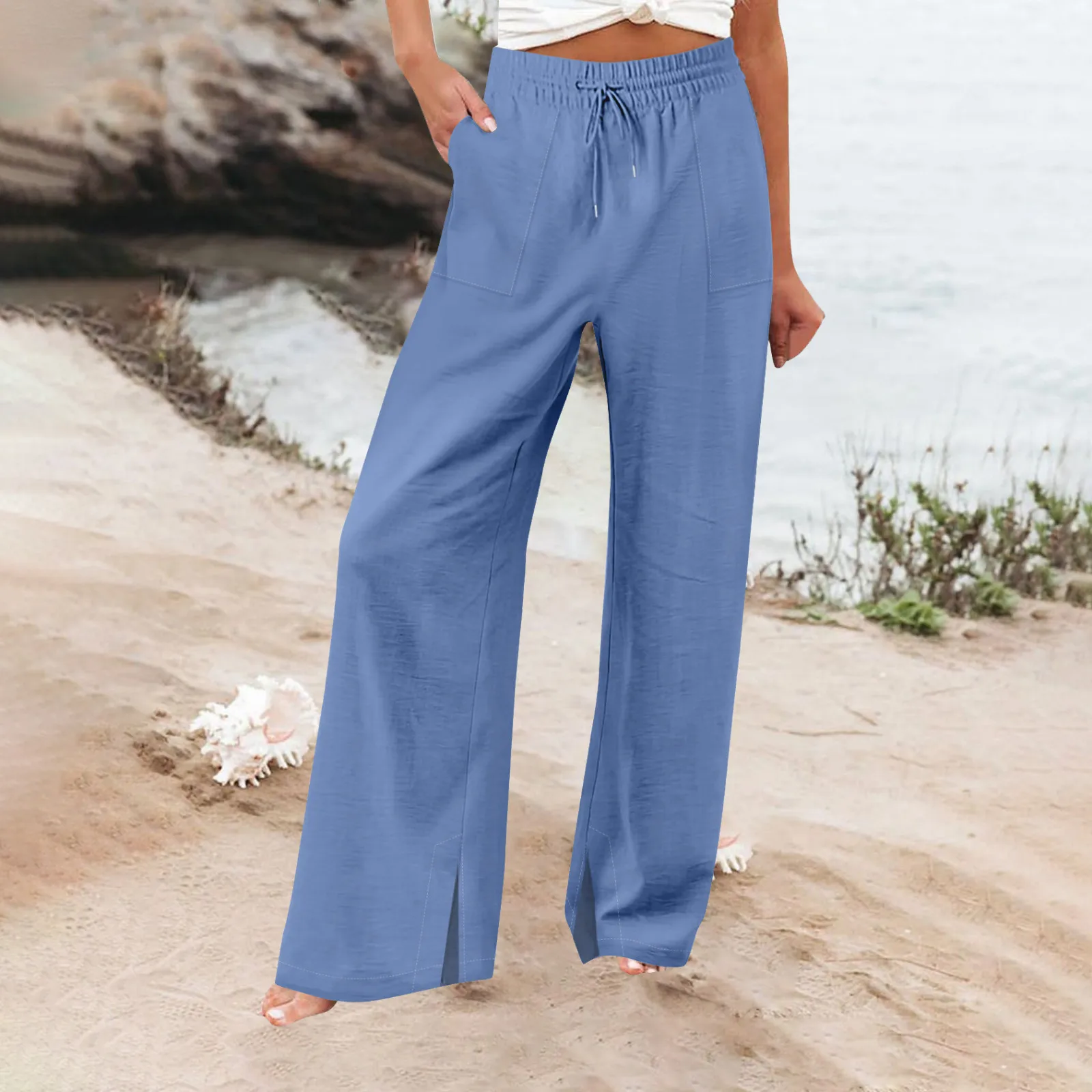 Women Cotton Linen Pants Elastic High-Waist Thin Casual Pocket Trousers Elegant Commuting Office Wear Female Clothing 2024