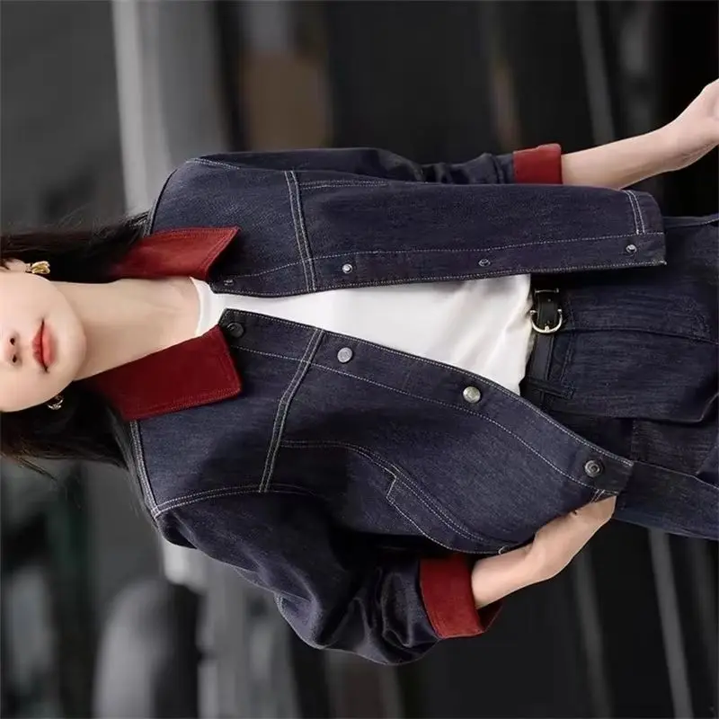 

Fashion Autumn New Loose Korean Slim Denim Coat Women Retro Long Sleeves Short Splicing CONTRAST COLOR Jeans Jackets Female