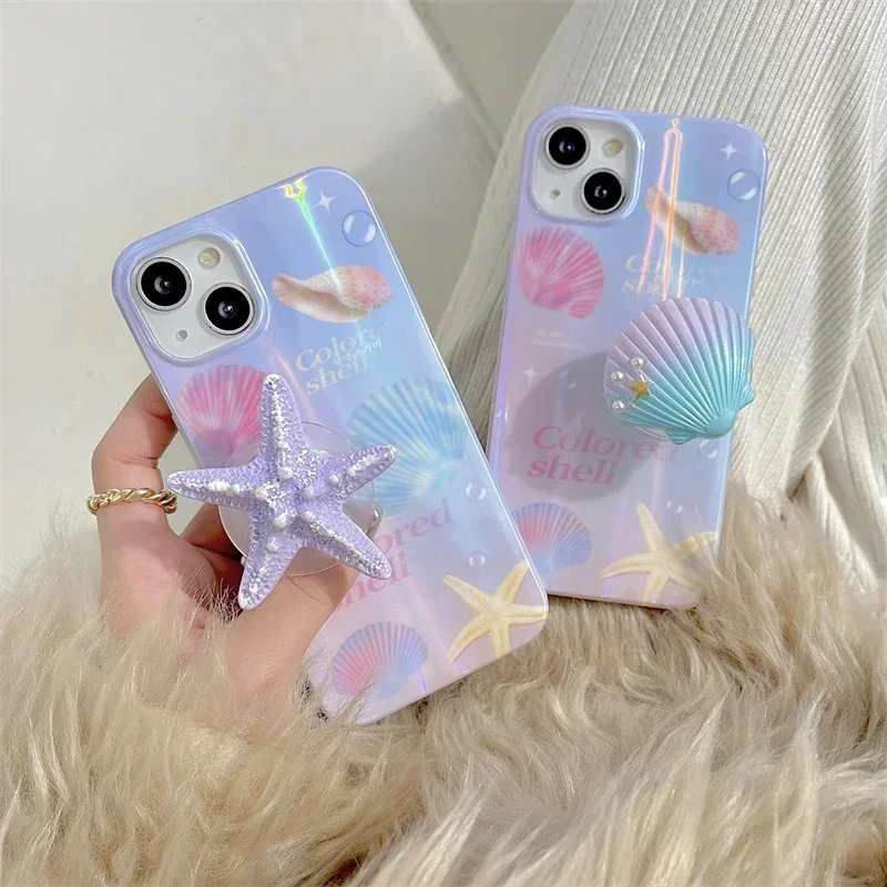 

Korean Cute 3D Gradient Seashell Starfish Foldable Stretch Grip Tok Phone Holder Finger Ring Socket Support For iPhone17 16 15