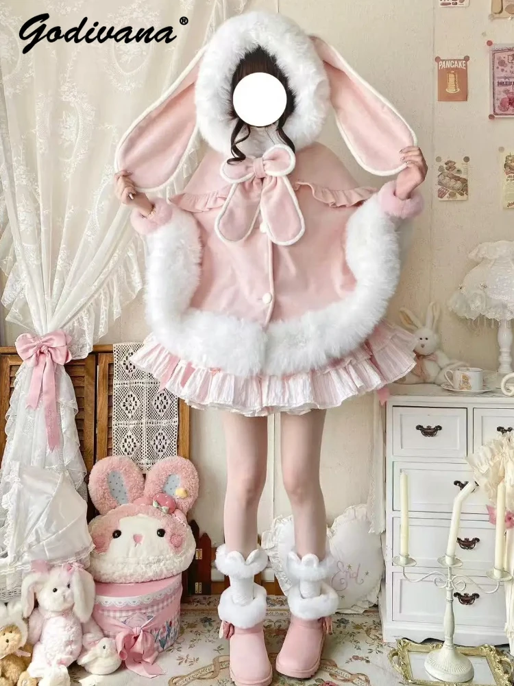 Nuevo invierno dulce niñas mujer Linda capa peluda con capucha Lolita lazo grande de felpa Poncho grueso capa femenina chaquetas de lana