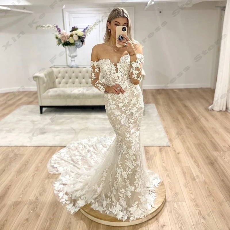 Elegant Women's Mermaid Bridal Dresses Lace Applique Long Sleeved Princess Wedding Gowns Formal Beach Party Vestidos Para Mujer