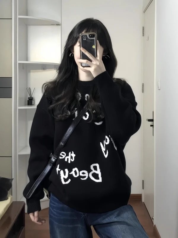 

Retro American round Ne Knitted Sweater Women's Long Sve Loose Fit Autumn Faion Bla Overhead Casual Knitwear