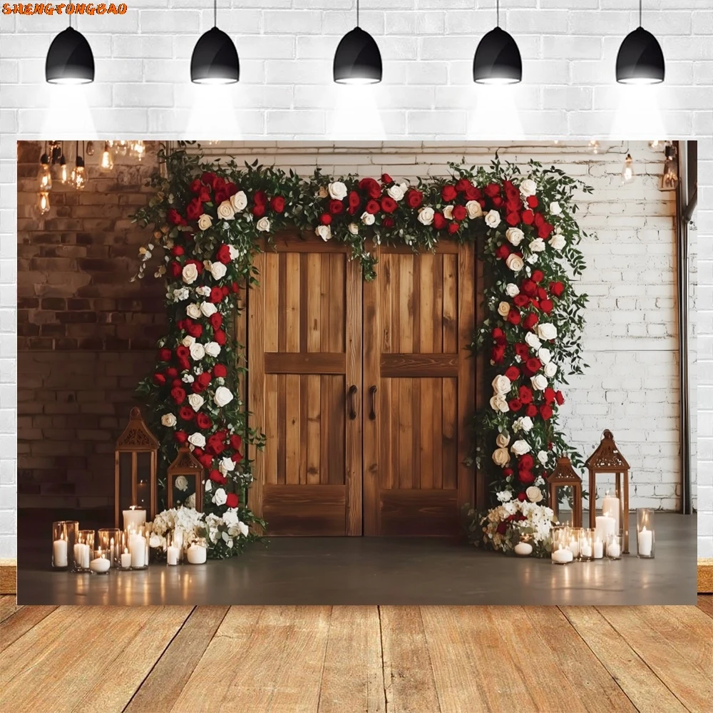 Bruiloft Bloemen Houten Deur Achtergrond Bruids Douche Bruid Portret Verlovingsceremonie Fotografie Achtergrond Fotostudio Benodigdheden