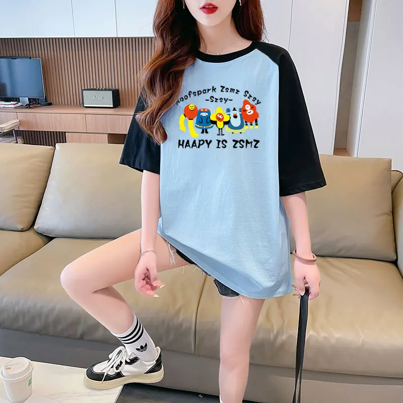 2024 New American Retro Cartoon Contrast Raglan Short Sleeve T-shirt Women's Summer New Loose T-shirt Kawaii Clothes