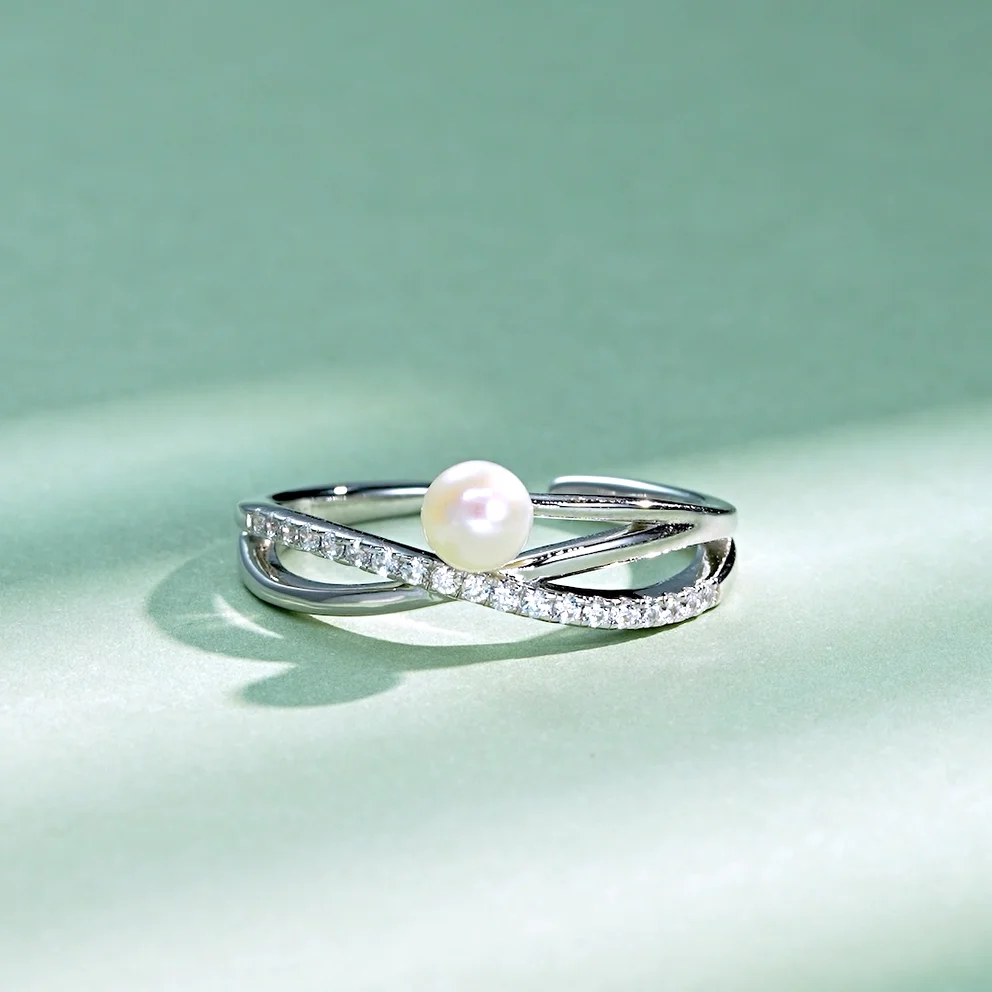 

ANZIW s925 4-4.5mm Natural Freshwater Pearl Cross Rings for Women 925 Sterling Silver Trendy Opening Bands Ring Finger Jewelry