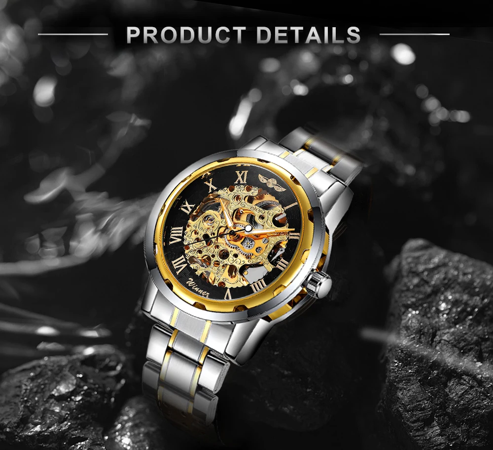 WINNER Classic Skeleton Watch for Men Luxury Brand Gold Mechanical Watches Casual Stainless Steel Strap Vintage Wristwatches New