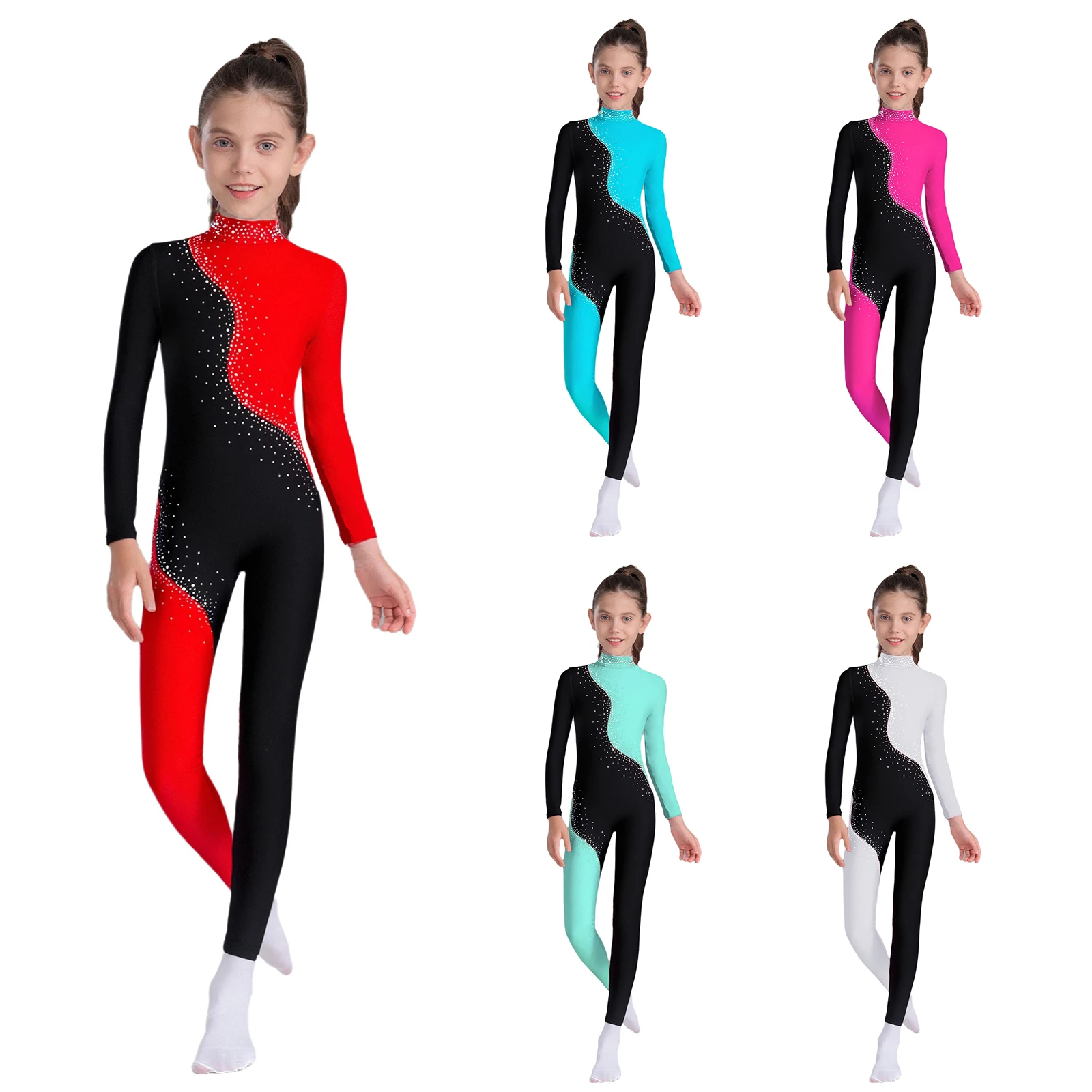 Girls Ballet Dance Gymnastics Leotard Long Sleeve Shiny Rhinestone Zipper Jumpsuit Figure Skating Acrobatics Performance Costume