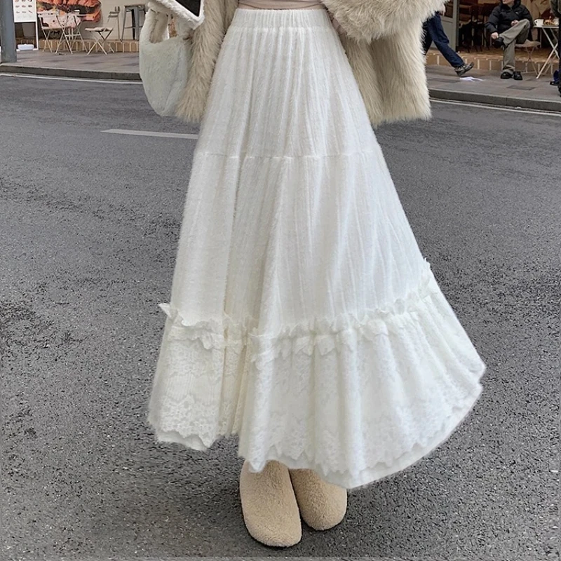 

Lace Skirts Woman Solid White Sweet Autumn Winter Long Skirt Korean Fashion Elegant Ruffles Retro Faldas Mujer