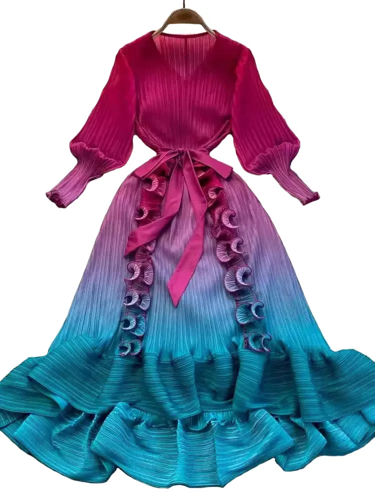 Robe Plissée à Col en V pour Femme, Ceinture à Lacets, Commande Haute, Style Boho, Luxe, Ata Yake, Volants 3D, Épissure Dégradé, Document, Vêtements de ix