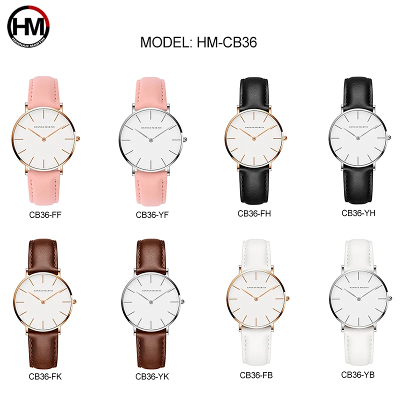 هانا مارتن السيدات حركة كوارتز جلد بني 36 مللي متر الأبيض الهاتفي المرأة العلامة التجارية الفاخرة مقاوم للماء ساعة relogio feminino es