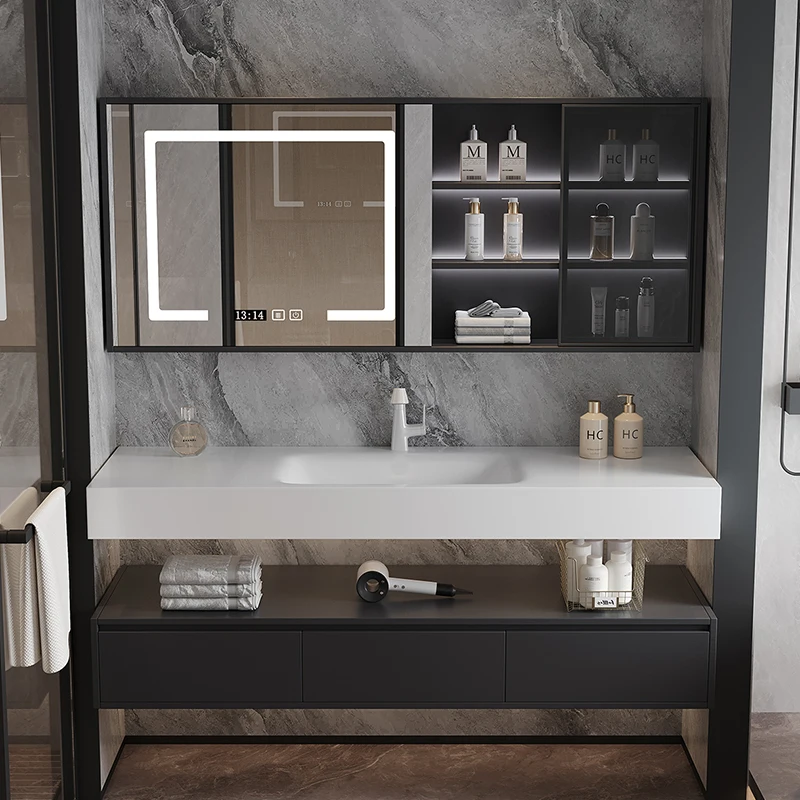 

New intelligent light luxury bathroom cabinet combination hot curved rock slab integrated hand wash face basin toilet wash table
