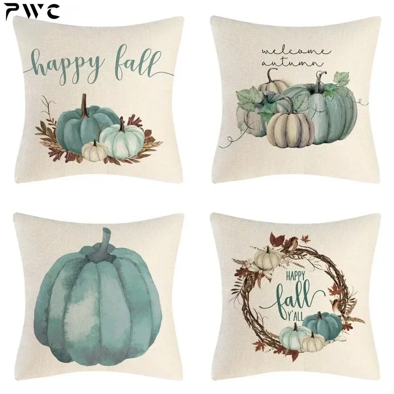 Fall Pumpkin Cushion Covers 18x18 Inch Farmhouse Decor Thanksgiving Teal Linen Throw Pillow Covers Happy Thanksgiving