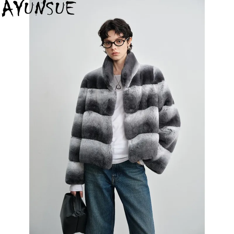 

AYUNSUE Rex Rabbit Fur Coat Woman Winter Jacket Stand Collar Stylish Outerwears Warm Long Sleeve Tops for Woman Clothing Шуба