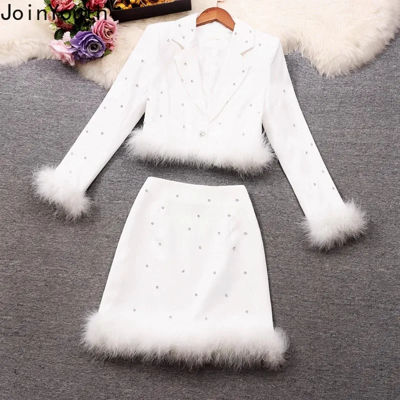 Skirt Outfits Temperament Diamond Two Piece Sets Women's Clothing Crop Coats High Waist Bodycon Mini Skirts Suit Roupas Femme