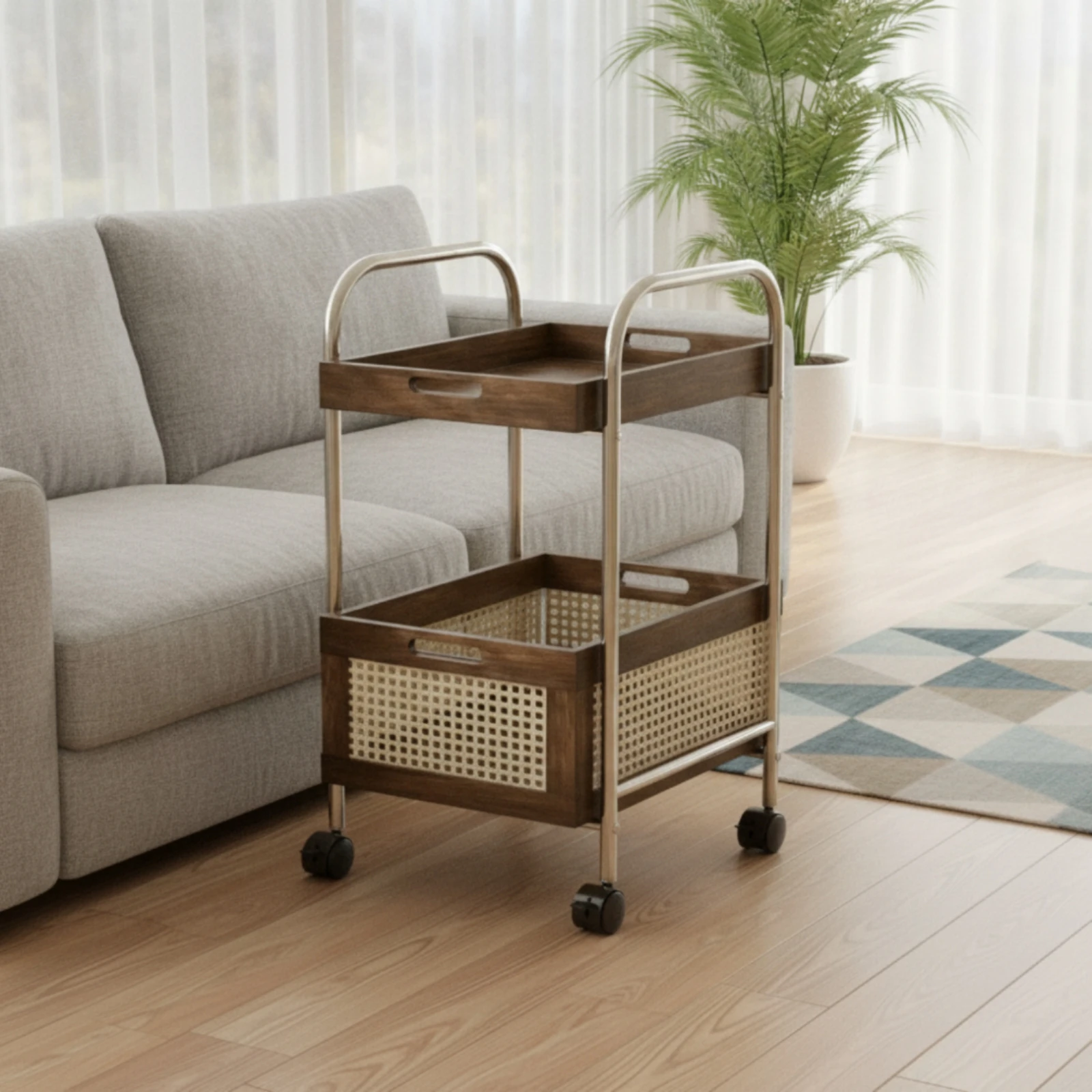 Storage Cart with Wood Trays Compact Rolling Cart with Wood Top Two-Tier Trolley Space-Saving Furniture Metal for Living Room